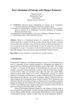 Fast calculation of entropy with Zhang's estimator