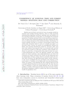 Consistency of survival tree and forest models: splitting bias and
  correction