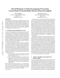 Racial Disparity in Natural Language Processing: A Case Study of Social
  Media African-American English
