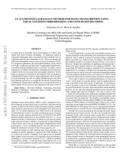 An Augmented Lagrangian Method for Piano Transcription using Equal
  Loudness Thresholding and LSTM-based Decoding