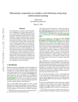 Maintaining cooperation in complex social dilemmas using deep
  reinforcement learning