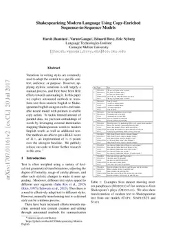 Shakespearizing Modern Language Using Copy-Enriched Sequence-to-Sequence
  Models