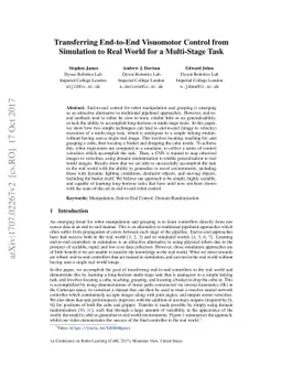 Transferring End-to-End Visuomotor Control from Simulation to Real World
  for a Multi-Stage Task