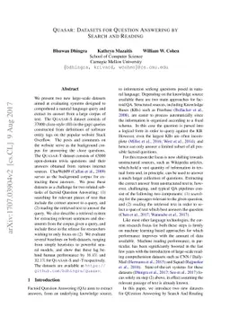 Quasar: Datasets for Question Answering by Search and Reading