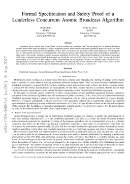 Formal Specification and Safety Proof of a Leaderless Concurrent Atomic
  Broadcast Algorithm