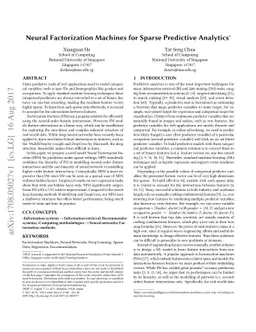 Neural Factorization Machines for Sparse Predictive Analytics