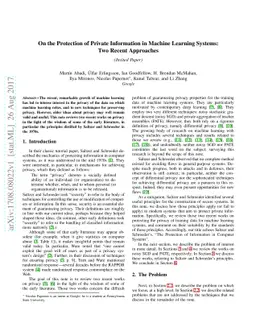 On the Protection of Private Information in Machine Learning Systems:
  Two Recent Approaches