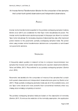 An Inverse Normal Transformation Solution for the comparison of two
  samples that contain both paired observations and independent observations