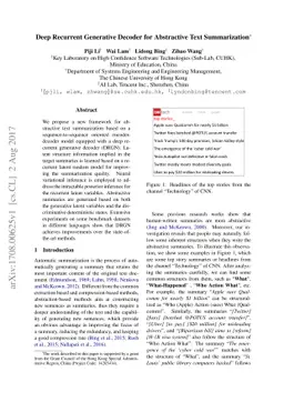 Deep Recurrent Generative Decoder for Abstractive Text Summarization