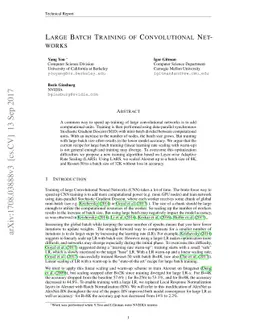 Large Batch Training of Convolutional Networks
