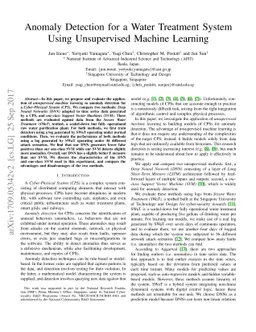 Anomaly Detection for a Water Treatment System Using Unsupervised
  Machine Learning