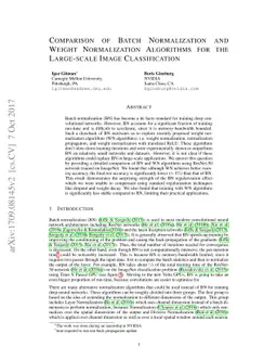Comparison of Batch Normalization and Weight Normalization Algorithms
  for the Large-scale Image Classification