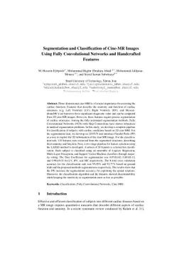 Segmentation and Classification of Cine-MR Images Using Fully
  Convolutional Networks and Handcrafted Features