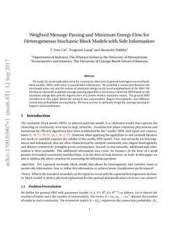 Weighted Message Passing and Minimum Energy Flow for Heterogeneous
  Stochastic Block Models with Side Information