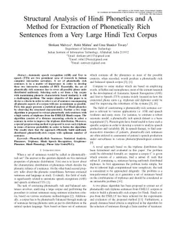 Structural Analysis of Hindi Phonetics and A Method for Extraction of
  Phonetically Rich Sentences from a Very Large Hindi Text Corpus