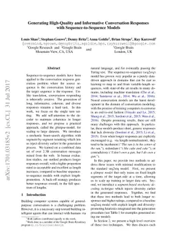 Generating High-Quality and Informative Conversation Responses with
  Sequence-to-Sequence Models