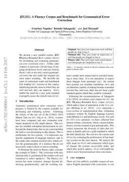 JFLEG: A Fluency Corpus and Benchmark for Grammatical Error Correction