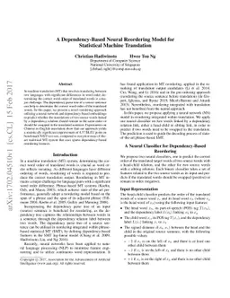 A Dependency-Based Neural Reordering Model for Statistical Machine
  Translation