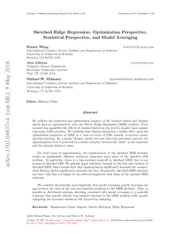 Sketched Ridge Regression: Optimization Perspective, Statistical
  Perspective, and Model Averaging
