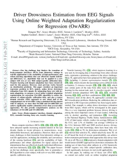 Driver Drowsiness Estimation from EEG Signals Using Online Weighted
  Adaptation Regularization for Regression (OwARR)