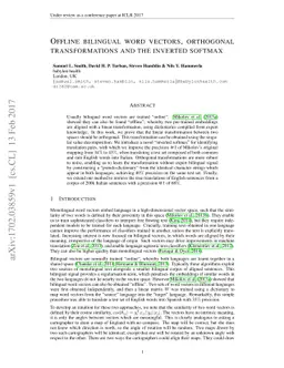Offline bilingual word vectors, orthogonal transformations and the
  inverted softmax