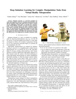 Deep Imitation Learning for Complex Manipulation Tasks from Virtual
  Reality Teleoperation