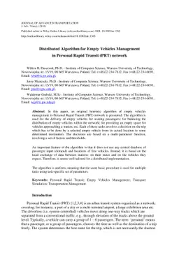 Distributed algorithm for empty vehicles management in personal rapid
  transit (PRT) network