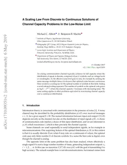 A scaling law from discrete to continuous solutions of channel capacity
  problems in the low-noise limit