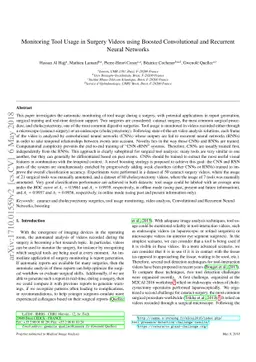 Monitoring tool usage in surgery videos using boosted convolutional and
  recurrent neural networks