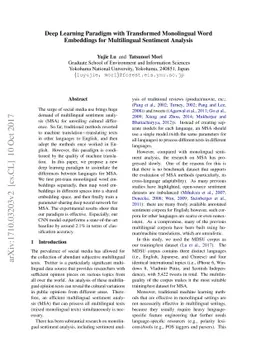 Deep Learning Paradigm with Transformed Monolingual Word Embeddings for
  Multilingual Sentiment Analysis
