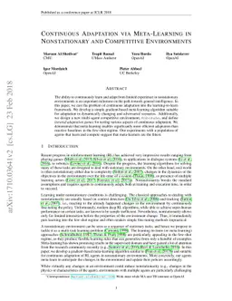 Continuous Adaptation via Meta-Learning in Nonstationary and Competitive
  Environments