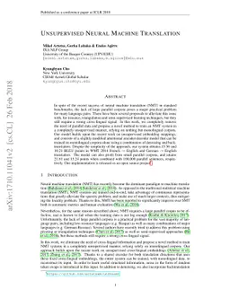 Unsupervised Neural Machine Translation