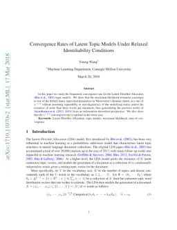Convergence Rates of Latent Topic Models Under Relaxed Identifiability
  Conditions