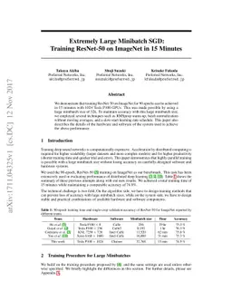 Extremely Large Minibatch SGD: Training ResNet-50 on ImageNet in 15
  Minutes