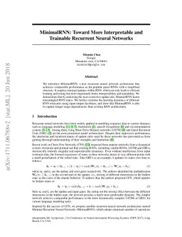 MinimalRNN: Toward More Interpretable and Trainable Recurrent Neural
  Networks