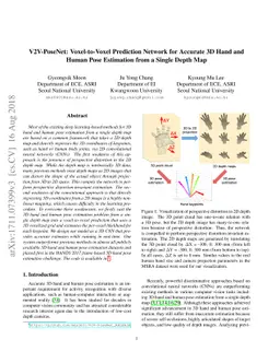 V2V-PoseNet: Voxel-to-Voxel Prediction Network for Accurate 3D Hand and
  Human Pose Estimation from a Single Depth Map