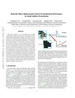 Butterfly Effect: Bidirectional Control of Classification Performance by
  Small Additive Perturbation