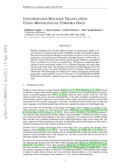 Unsupervised Machine Translation Using Monolingual Corpora Only