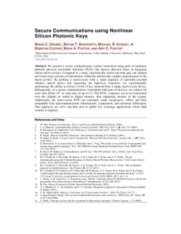 Secure Communications using Nonlinear Silicon Photonic Keys