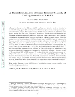 A Theoretical Analysis of Sparse Recovery Stability of Dantzig Selector
  and LASSO