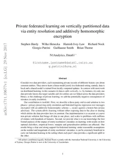 Private federated learning on vertically partitioned data via entity
  resolution and additively homomorphic encryption