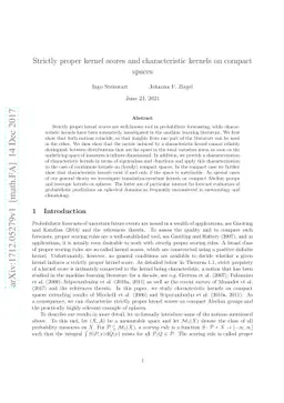 Strictly proper kernel scores and characteristic kernels on compact
  spaces