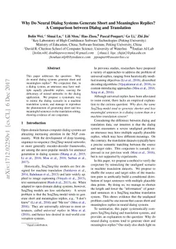 Why Do Neural Dialog Systems Generate Short and Meaningless Replies? A
  Comparison between Dialog and Translation