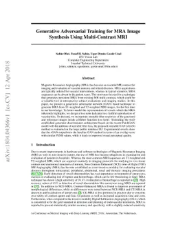 Generative Adversarial Training for MRA Image Synthesis Using
  Multi-Contrast MRI