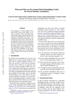 When and Why are Pre-trained Word Embeddings Useful for Neural Machine
  Translation?