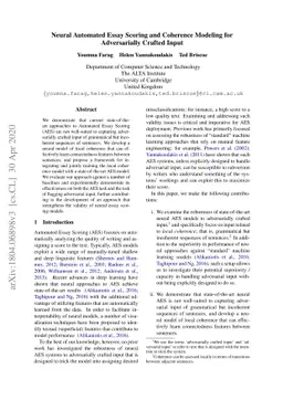 Neural Automated Essay Scoring and Coherence Modeling for Adversarially
  Crafted Input