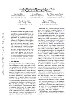 Learning Disentangled Representations of Texts with Application to
  Biomedical Abstracts