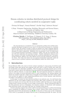 Swarm robotics in wireless distributed protocol design for coordinating
  robots involved in cooperative tasks