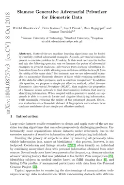 Siamese Generative Adversarial Privatizer for Biometric Data