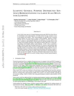 Learning General Purpose Distributed Sentence Representations via Large
  Scale Multi-task Learning